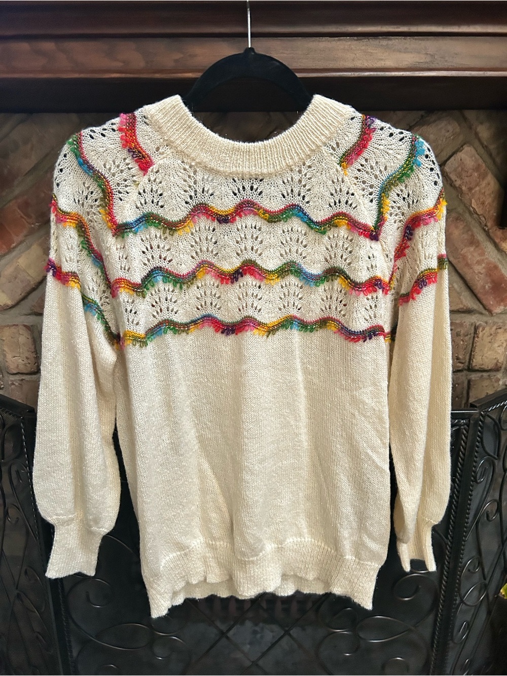Love Cream Scoop Sweater with Rainbow Wave Trim